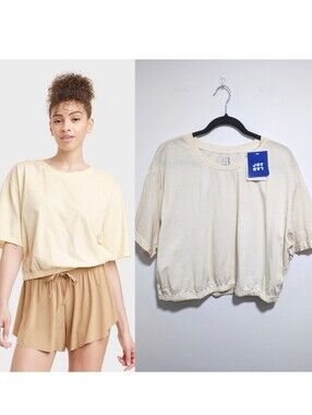 JoyLab | Women's Short Sleeve Cinched Cropped Top In Ivory / Yellow